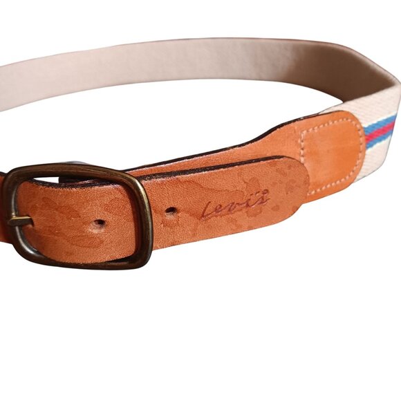 34 Vintage Belt Levi's Canvas Leather Brass Buckle Cream Preppy Stripe 1980's - Picture 2 of 5